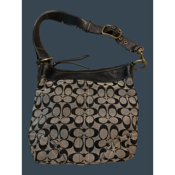 Coach Signature Hobo Bag Black & Gray Canvas Leather Adjustable Strap - Picture 3 of 9